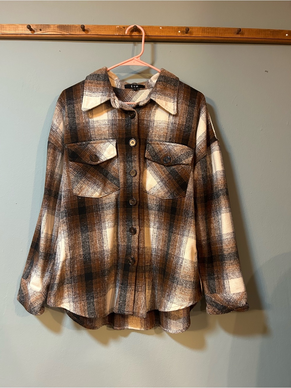 Plaid Button-Front Shacket in Brown and Cream